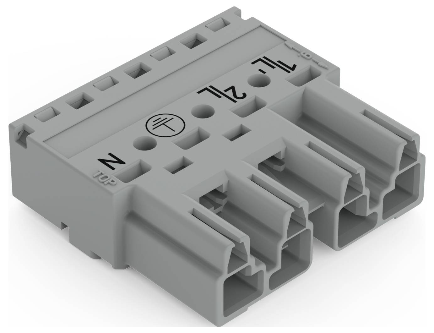 'Een grijze elektrische connector met meerdere sleuven, gelabeld met 'N' en symbolen voor bedradingsidentificatie, gebruikt voor circuitverbindingen.'