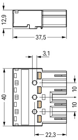 Technische tekening van een aansluiting met afmetingen: 37,5 mm lengte, 12,9 mm hoogte, 40 mm breedte. Individuele componenten gelabeld met verschillende metingen.
