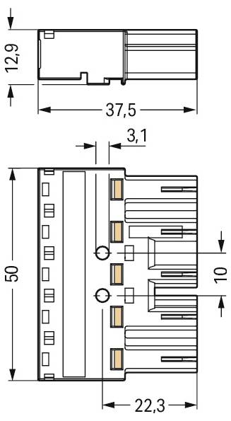 Technisch diagram van een connector met afmetingen: hoogte 12,9 mm, lengte 37,5 mm, breedte 22,3 mm. Bevat meerdere sleufdetails.