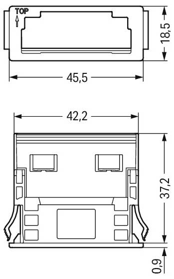Technische tekening van een elektrische connector met twee aanzichten. Afmetingen zijn aangegeven: 45,5 mm breedte, 18,5 mm hoogte, 42,2 mm binnenste breedte, 37,2 mm totale hoogte.