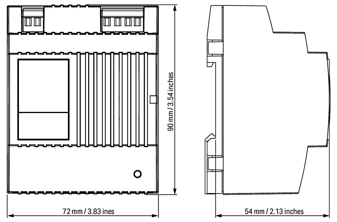 'Technische tekening van een elektronisch apparaat toont voor- en zijkanten met afmetingen: 90mm/3,54 inch hoog, 72mm/3,83 inch breed, 54mm/2,13 inch diep.'