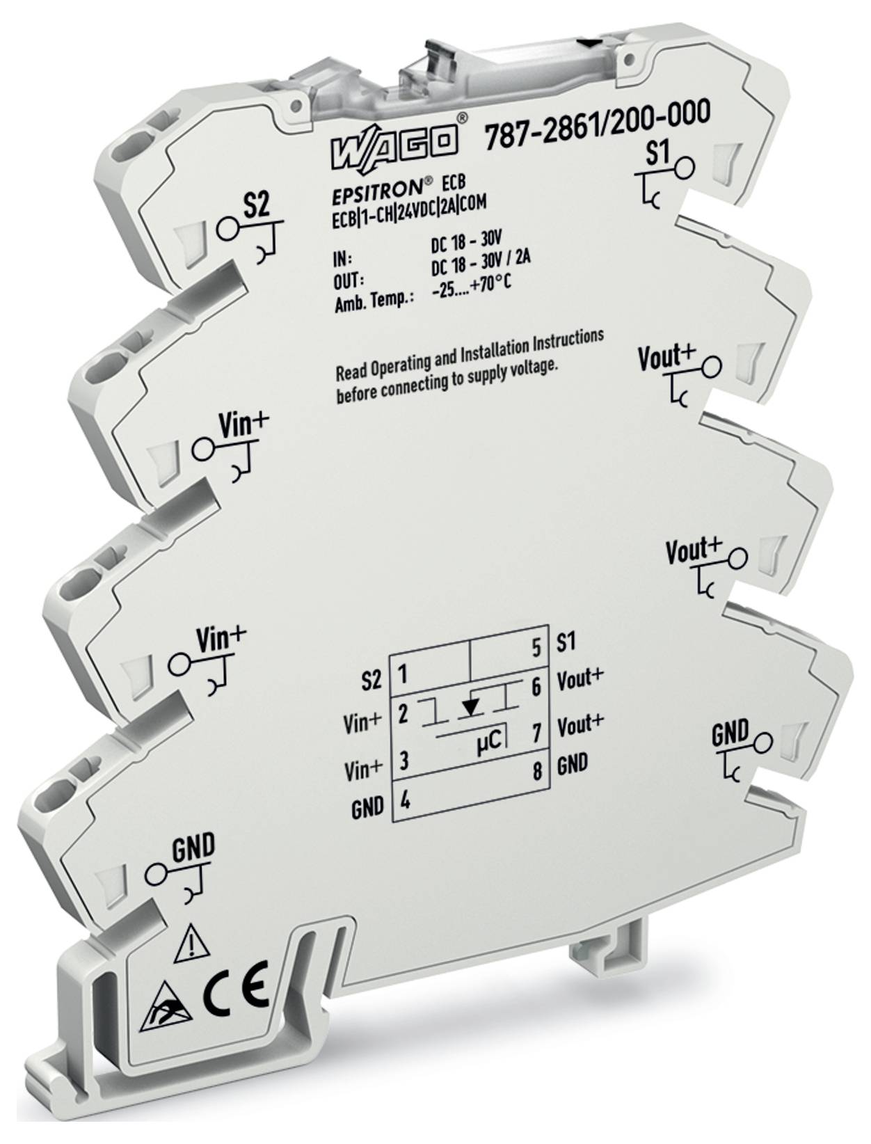 Elektronische component met ingangs-/uitgangsconnectoren voor bedrading systemen; inclusief modelnummer 'WAGO 787-2861/200-000', en bedrijfsinformatie.