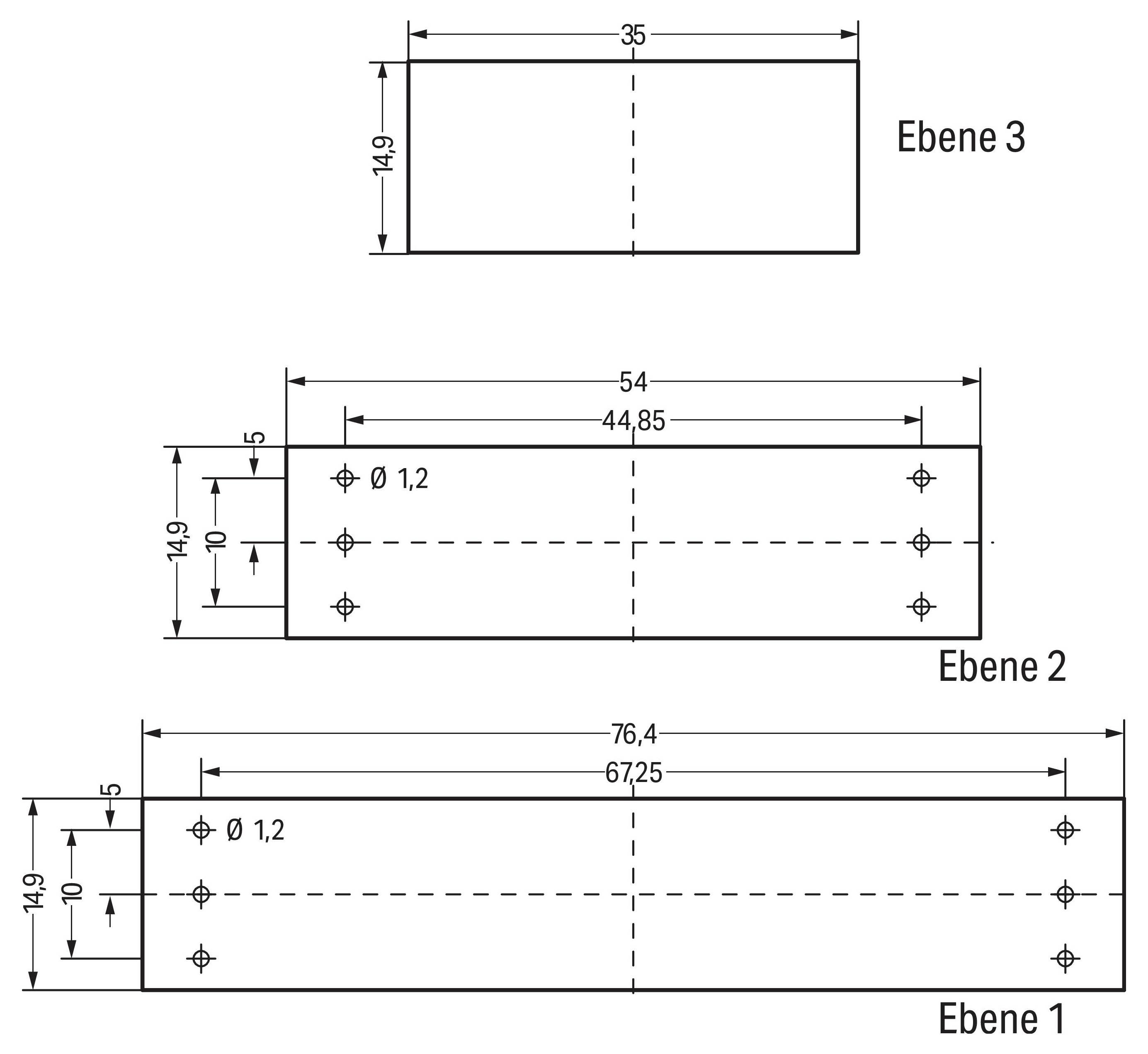 'Drie technische diagrammen gelabeld Ebene 3, Ebene 2 en Ebene 1, tonen rechthoekige vormen met verschillende afmetingen en omtrekken.'
