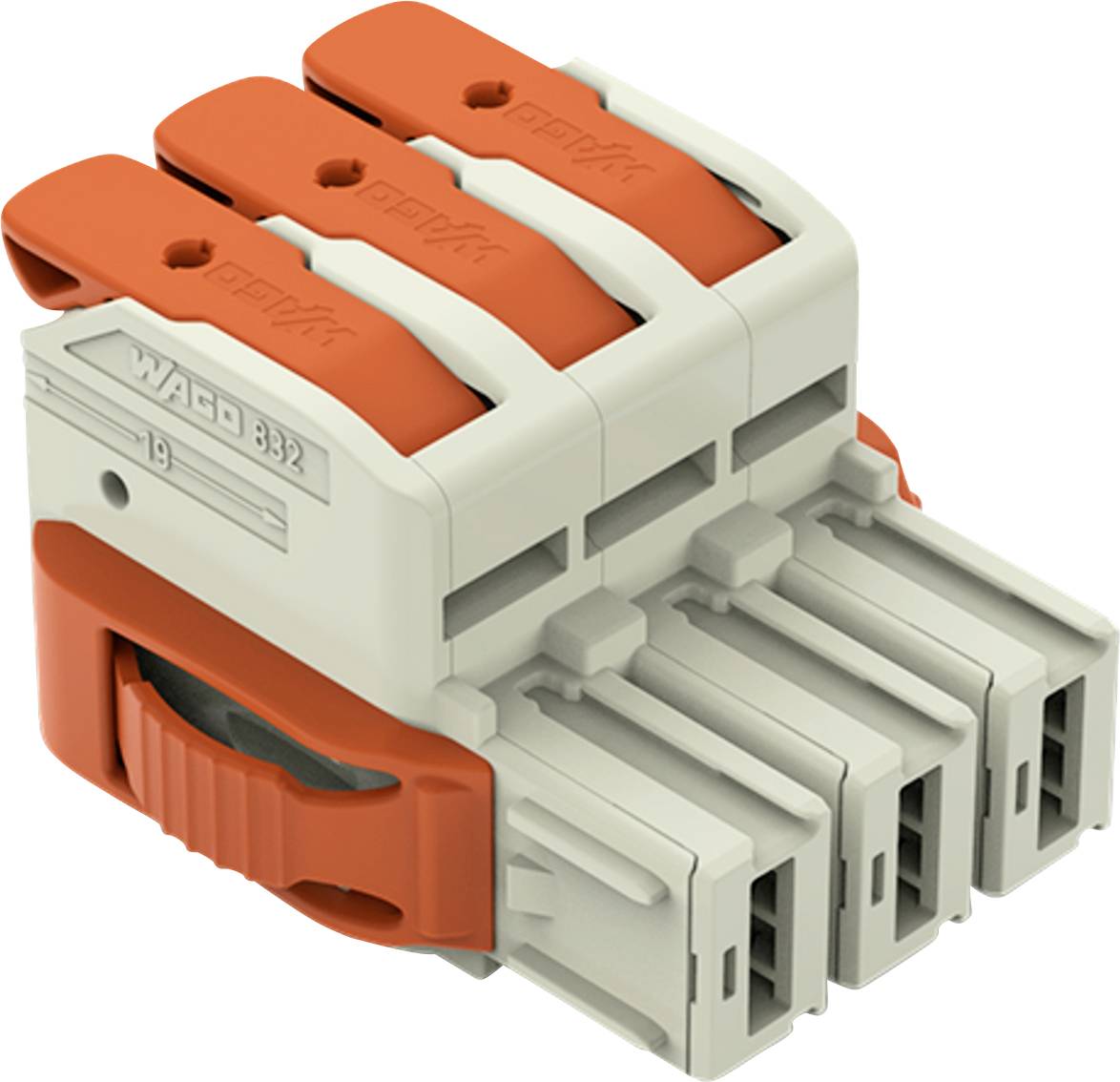 Een grijze en oranje elektrische connector met drie sleuven en gelabeld 'WAGO 832', gebruikt voor veilige draadverbindingen in installaties.