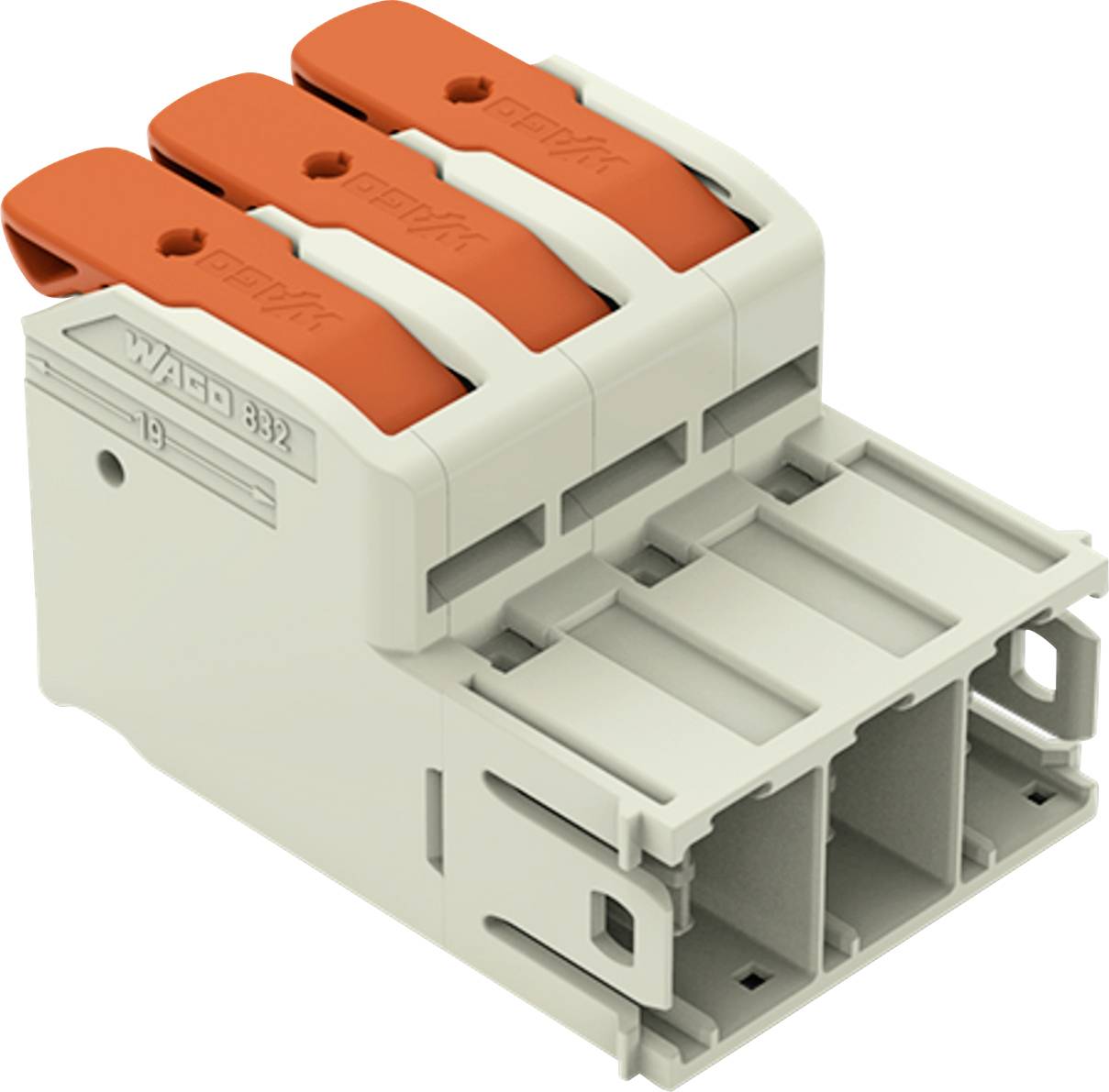 'WAGO' elektrische drie-slots connector met oranje hendels bovenop, gebruikt voor het veilig verbinden van elektrische draden zonder gereedschap.