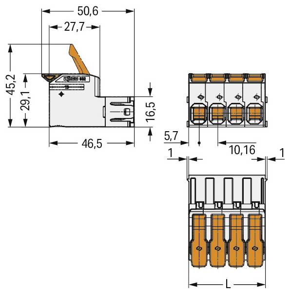 'Diagram van het elektrische aansluitblok met afmetingen. Zijkant toont hoogte 45,2mm, diepte 46,5mm. Bovenaanzicht breedte 50,6mm, met hefboomdetail.'