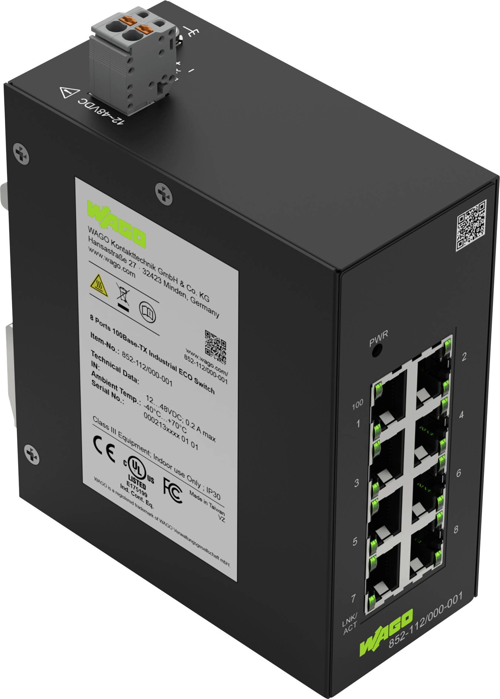 Een zwarte WAGO-netwerkschakelaar met acht Ethernet-poorten, gelabeld met technische specificaties aan de zijkant.
