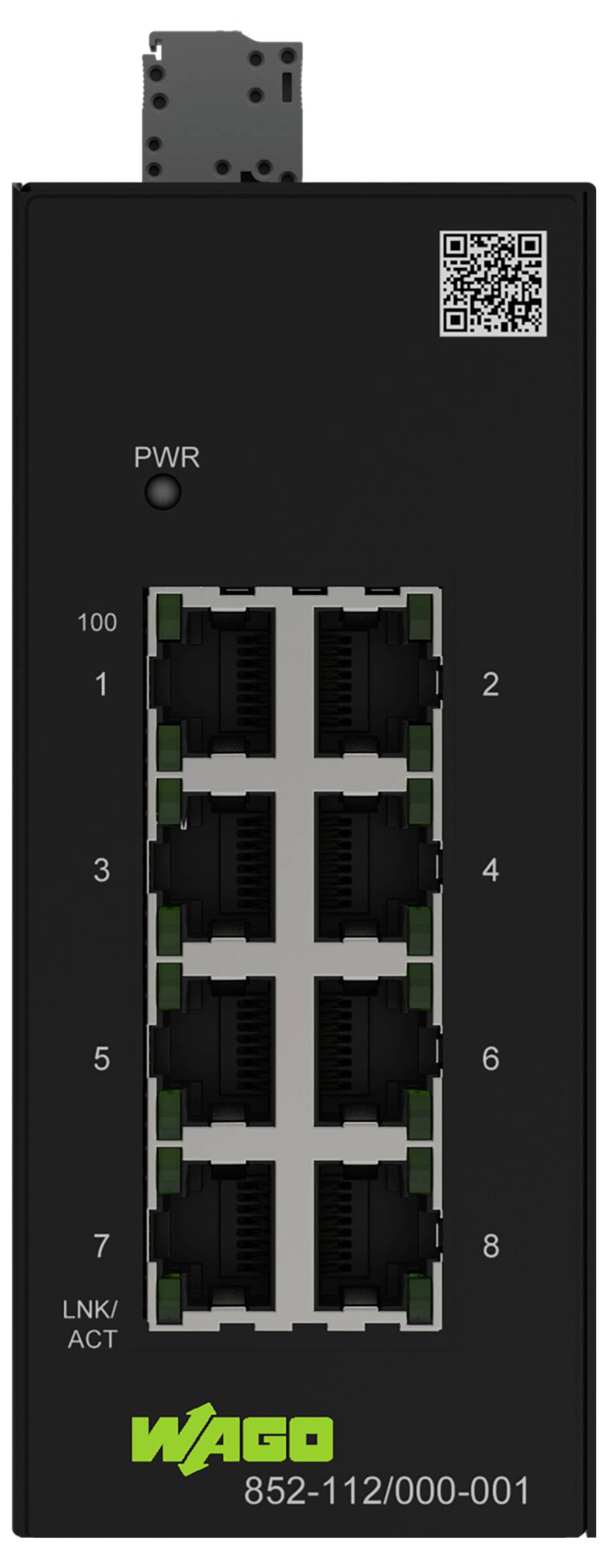 'WAGO' netwerkschakelaar met 8 Ethernet-poorten in twee verticale kolommen, QR-code rechtsboven, energie- en activiteitsindicatoren aan de voorkant.
