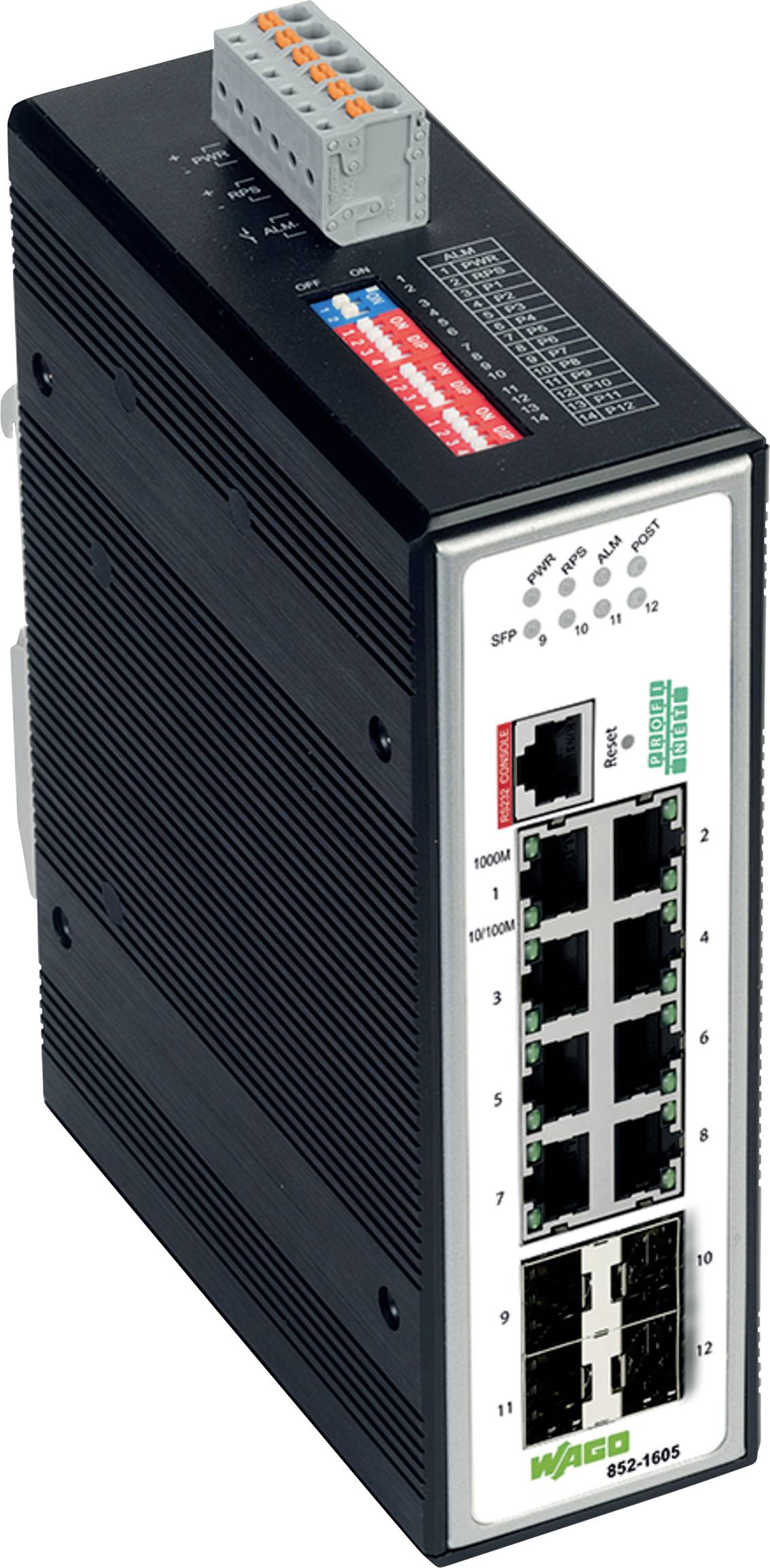 'WAGO Industrial Ethernet Switch 852-1605 met 8 Ethernet-poorten en 2 SFP-slots, gebruikt voor netwerkconnectiviteit in industriële omgevingen.'