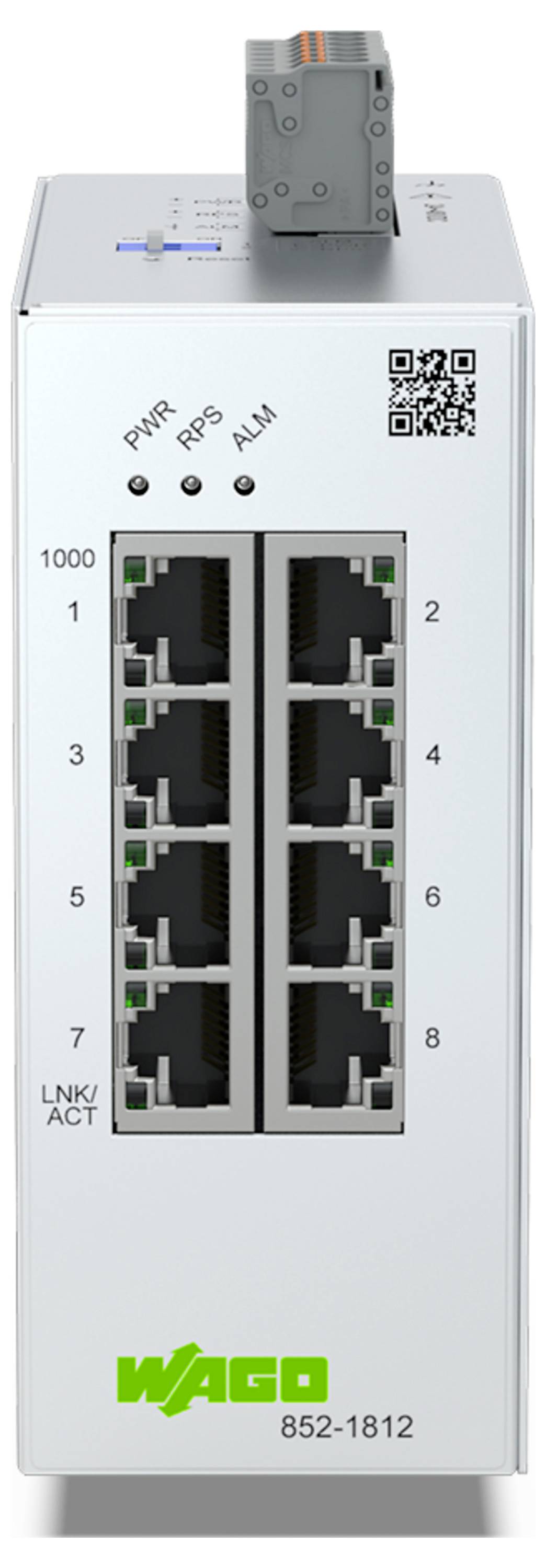 'Ethernet-schakelaar met acht poorten, LED-indicatoren gelabeld PWR, RPS, ALM, en een QR-code. WAGO-logo en modelnummer 852-1812.'