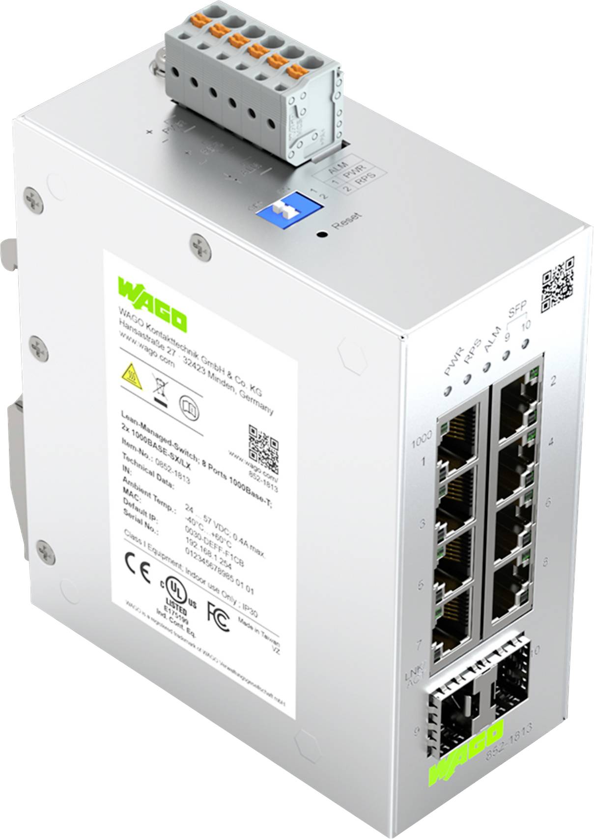 'Een zilveren industriële netwerkswitch met acht Ethernet-poorten en etiket met details over model WAGO 852-303, ingangen en veiligheidscertificeringen.'