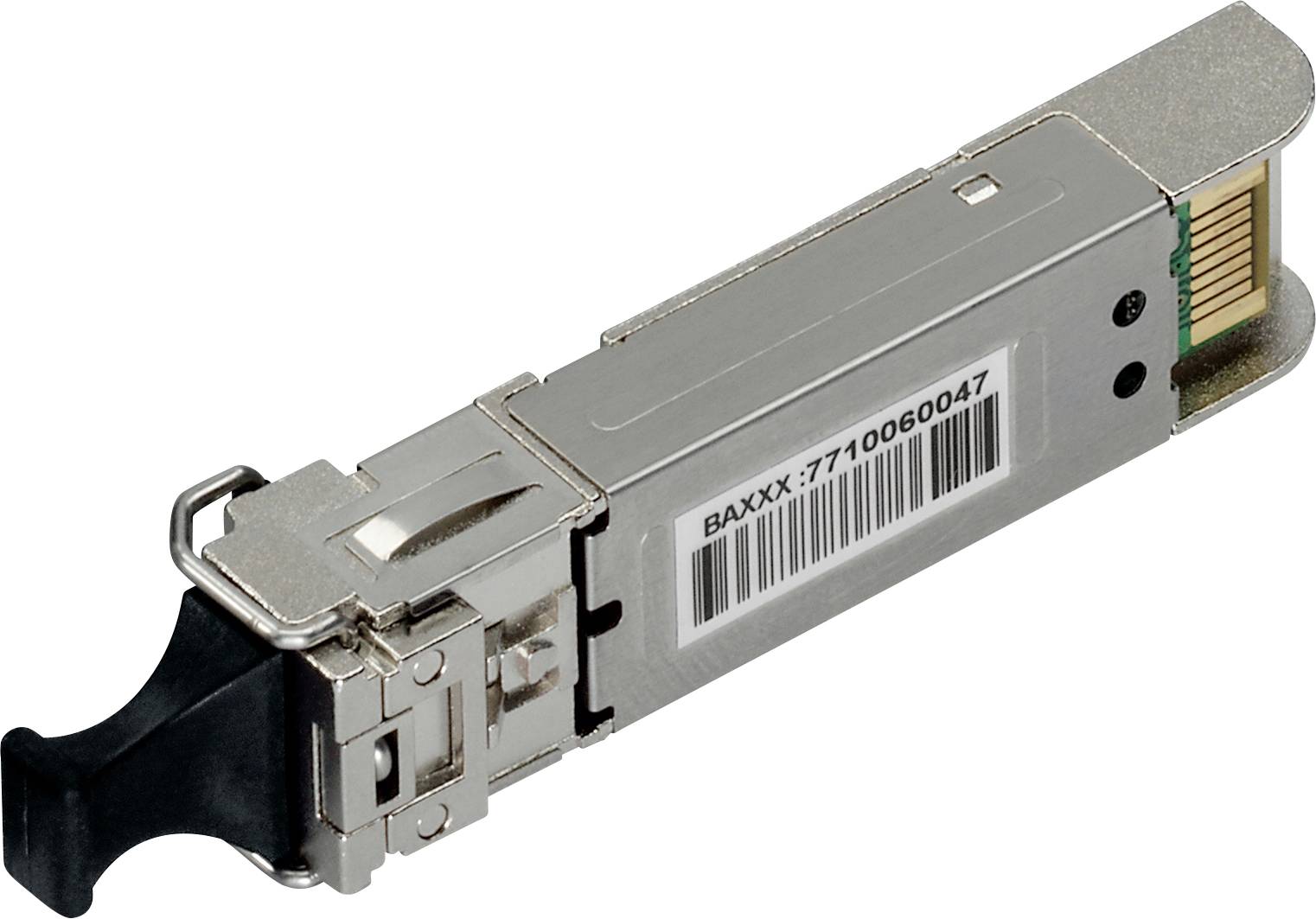 'Een rechthoekige SFP-module met metalen behuizing, streepjescode en circuitconnectoren, gebruikt voor netwerkcommunicatie.'
