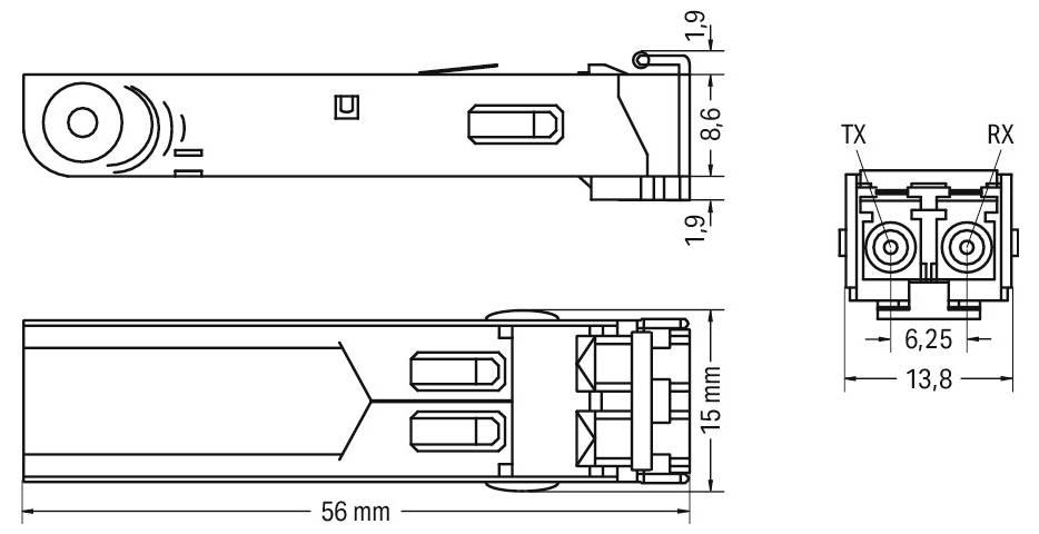 Technisch diagram met afmetingen van een elektronische component met drie aanzichten: zijkant, bovenkant en voorkant, met gedetailleerde afmetingen in millimeters.