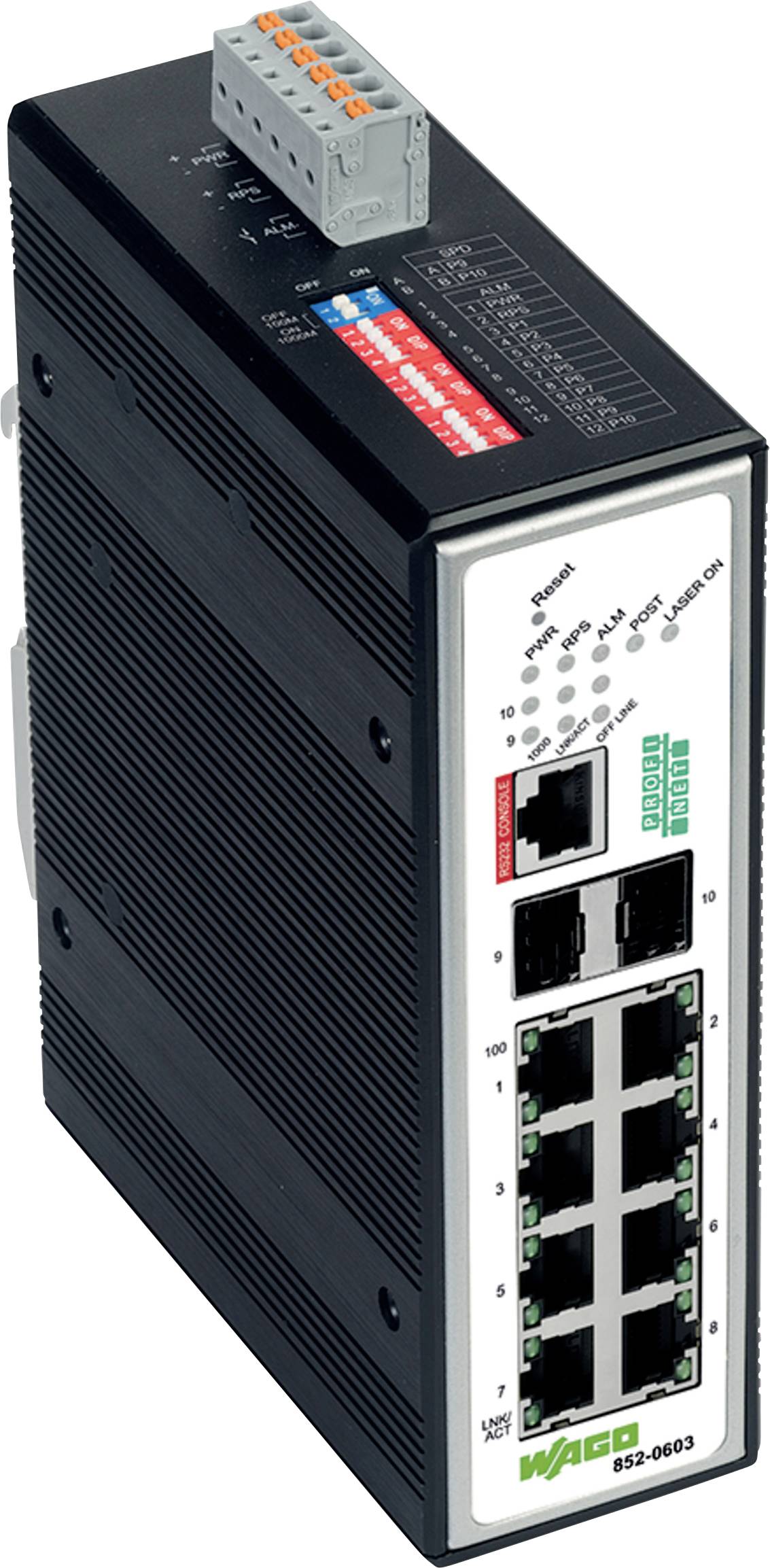 Industriële Ethernetswitch met meerdere netwerkpoorten, voorzien van labels voor stroom- en gegevensverbindingen, ontworpen voor robuust industrieel gebruik.