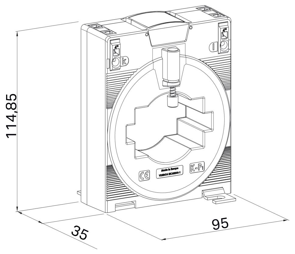 'Elektrische transformatorschema; afmetingen: hoogte 114,85 mm, breedte 35 mm, diepte 95 mm; gelabeld 'CE' en 'Gemaakt in Duitsland'.'