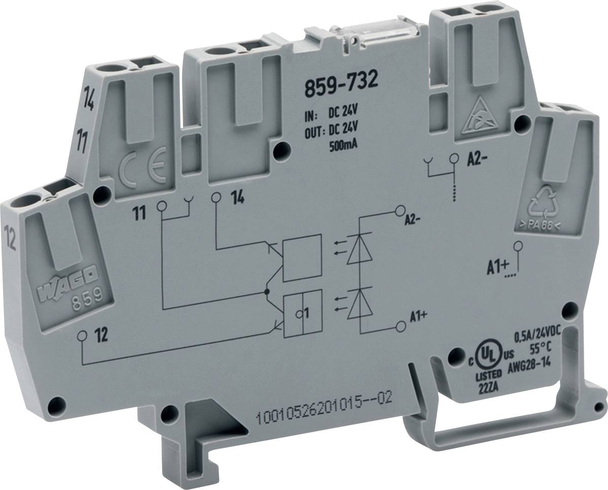Een grijze relaismodule met gelabelde aansluitingen en symbolen die elektrische verbindingen aangeven. Modelnummer 859-732, 24V DC, 500mA capaciteit.
