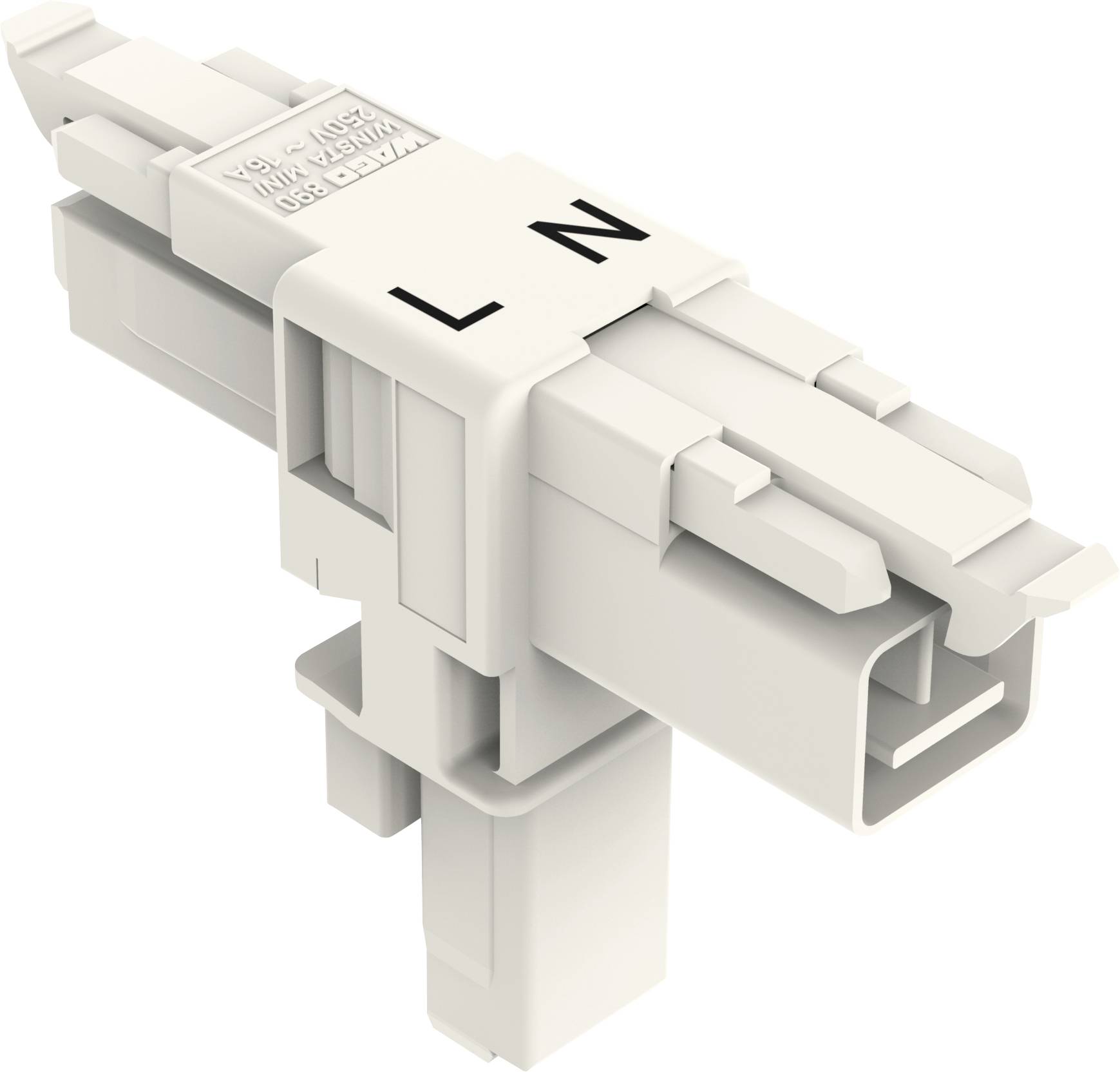 Een LC-glasvezelconnector met 'L'- en 'N'-markeringen voor lijn- en neutraaloriëntatie, gebruikt in netwerk- of telecommunicatiehardware.