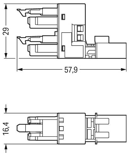 'Technisch diagram van een connector met twee aanzichten: zij- en bovenaanzicht. Het zijaanzicht toont afmetingen van 29mm hoogte en 57,9mm breedte; het bovenaanzicht geeft details van een breedte van 16,4mm.'