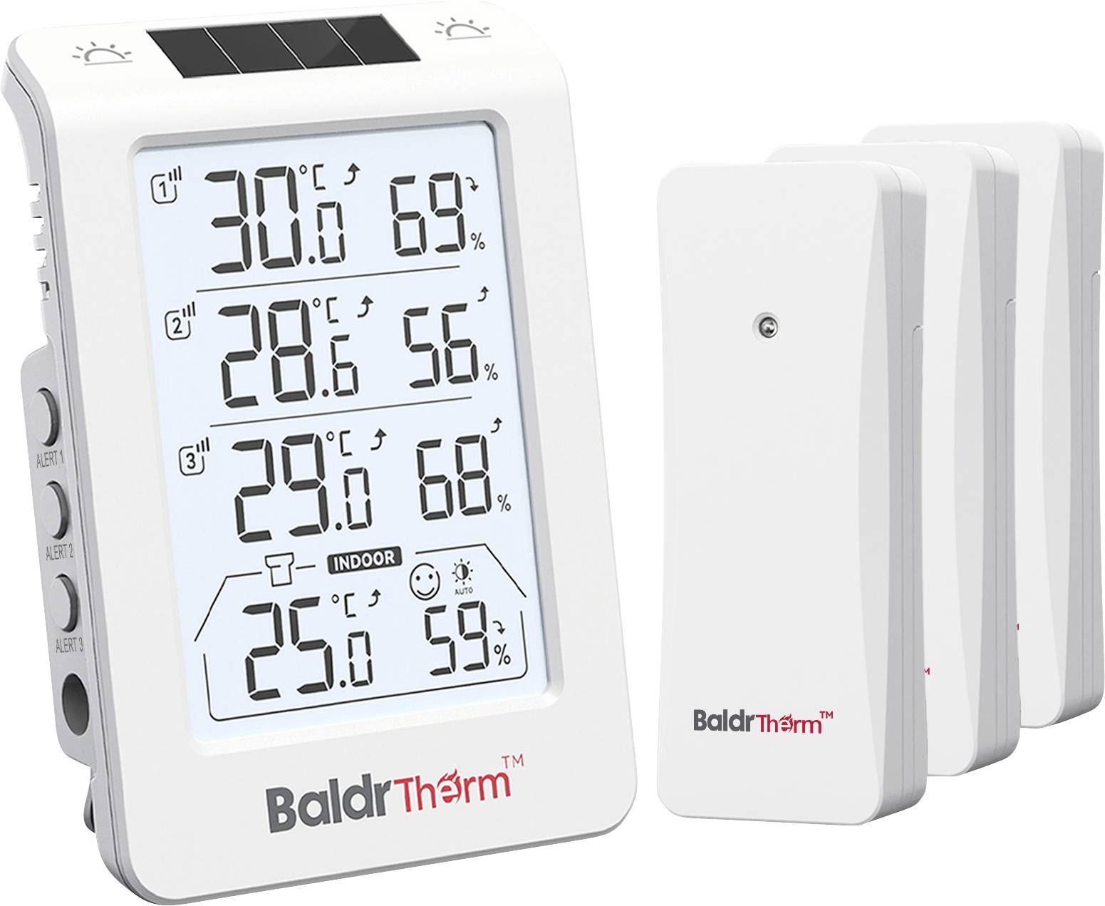 Draadloze binnen-/buitenthermometerset met een display dat drie sensorwaarden en binnentemperatuur/luchtvochtigheid weergeeft, plus drie externe sensoren.