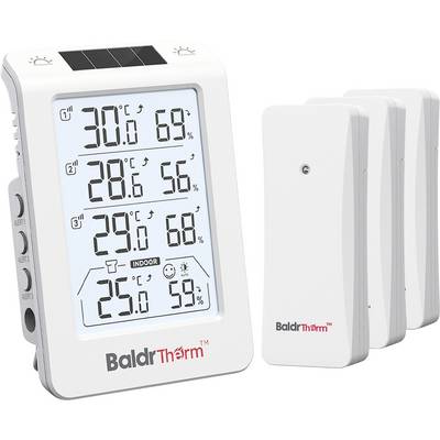 Draadloze binnen-/buitenthermometerset met een display dat drie sensorwaarden en binnentemperatuur/luchtvochtigheid weergeeft, plus drie externe sensoren.