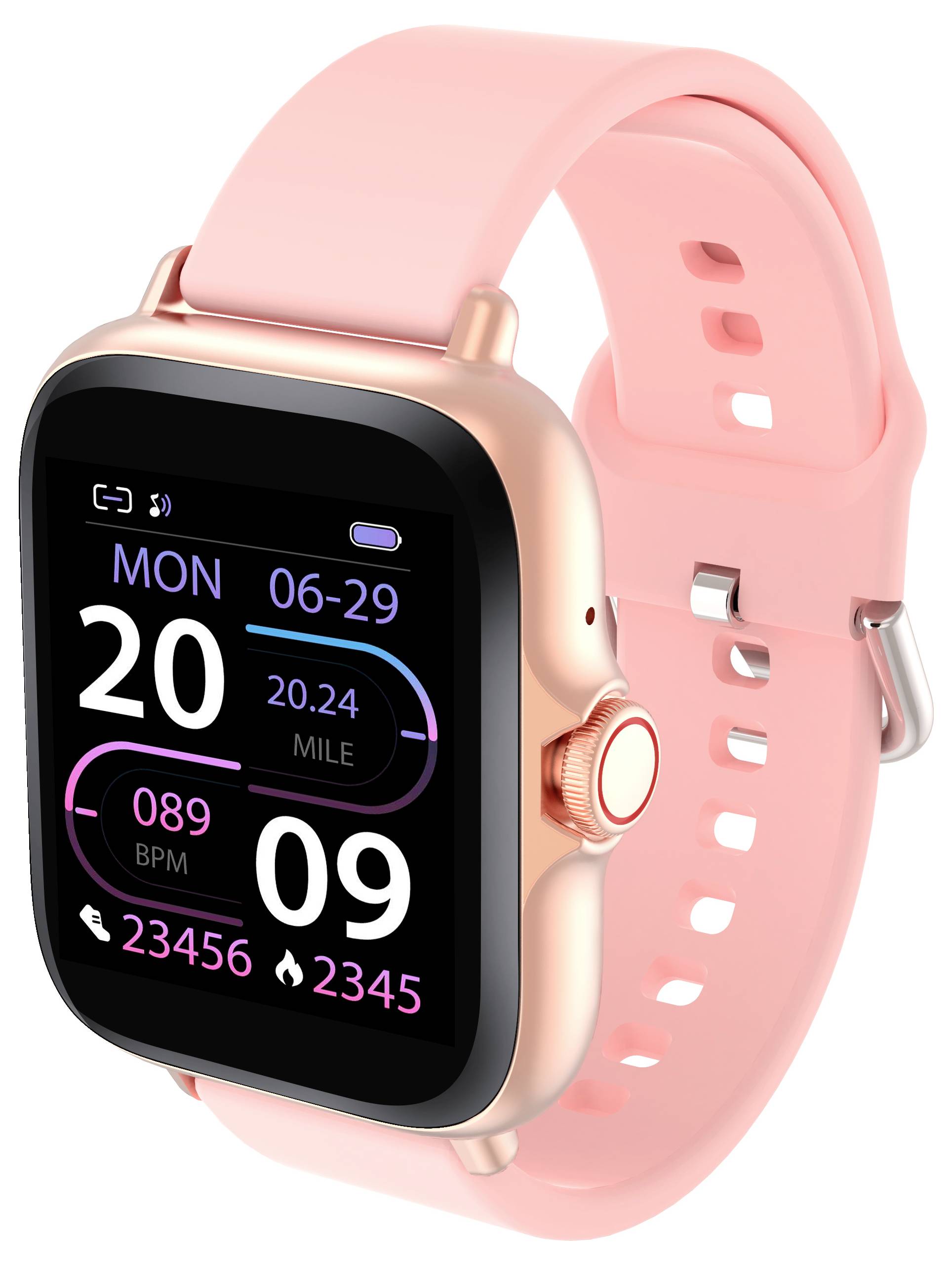 Smartwatch met roze band toont datum, tijd '20:24', hartslag '89 BPM' en stappen '23456'. Fitnessicoontjes zijn zichtbaar.