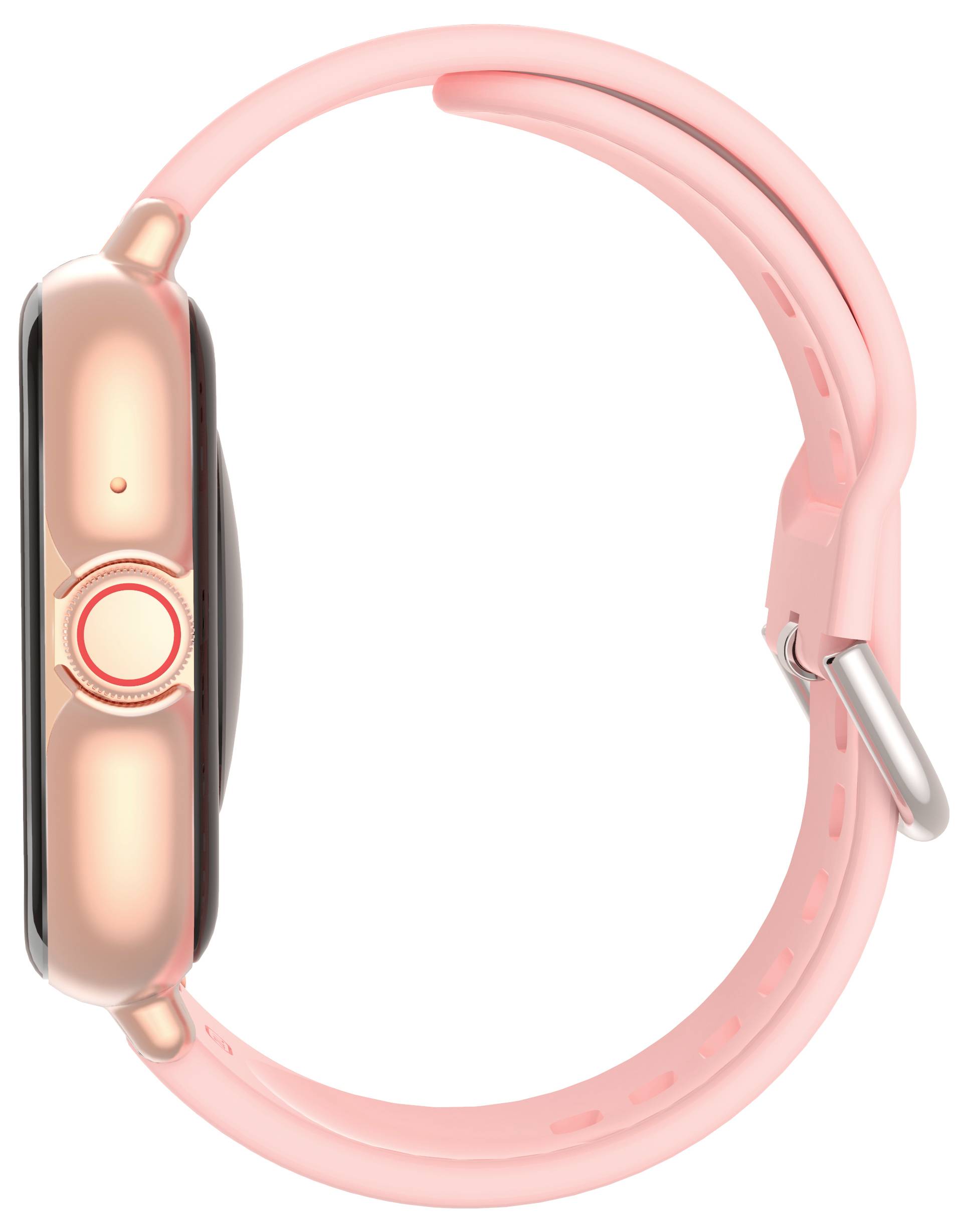 'Zijaanzicht van een roze smartwatch met een ronde knop aan de zijkant, beveiligd met een bijpassend siliconen bandje en een zilveren gesp.'