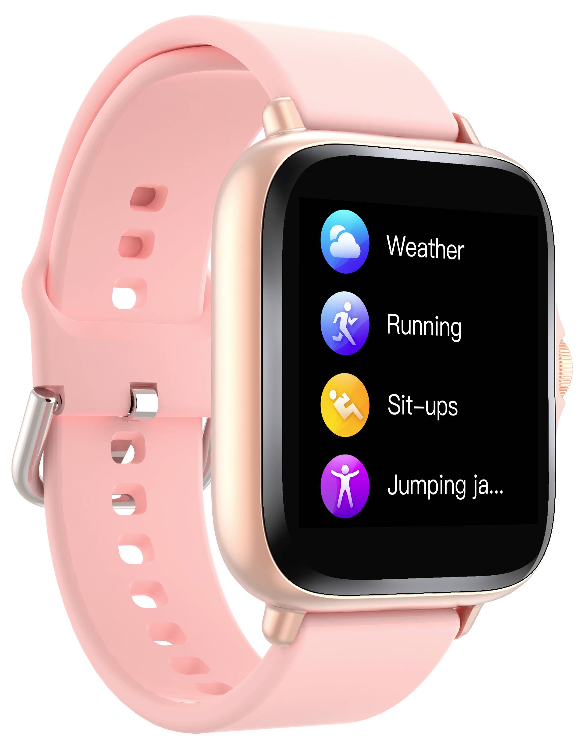 Een smartwatch met een roze band toont een scherm met vier pictogrammen gelabeld als: 'Weer,' 'Hardlopen,' 'Sit-ups,' en 'Springende jacks.'