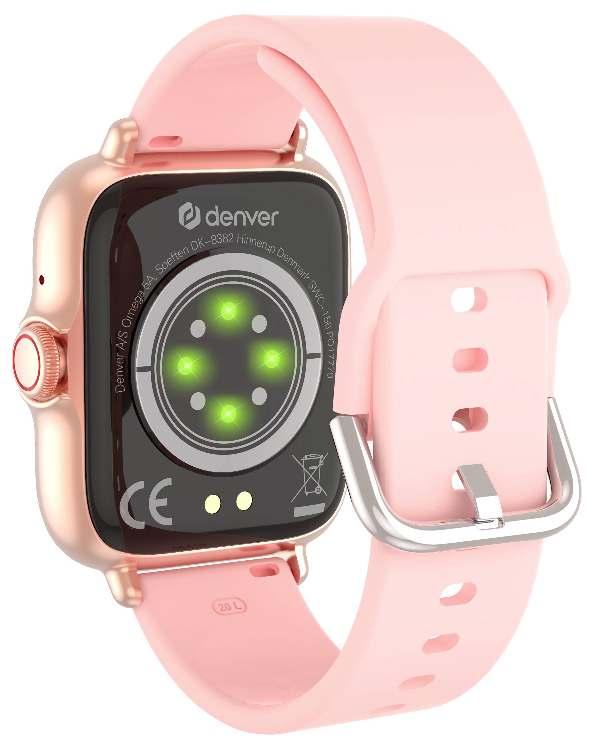 Een smartwatch met een roze band, die de sensoren aan de achterkant toont.