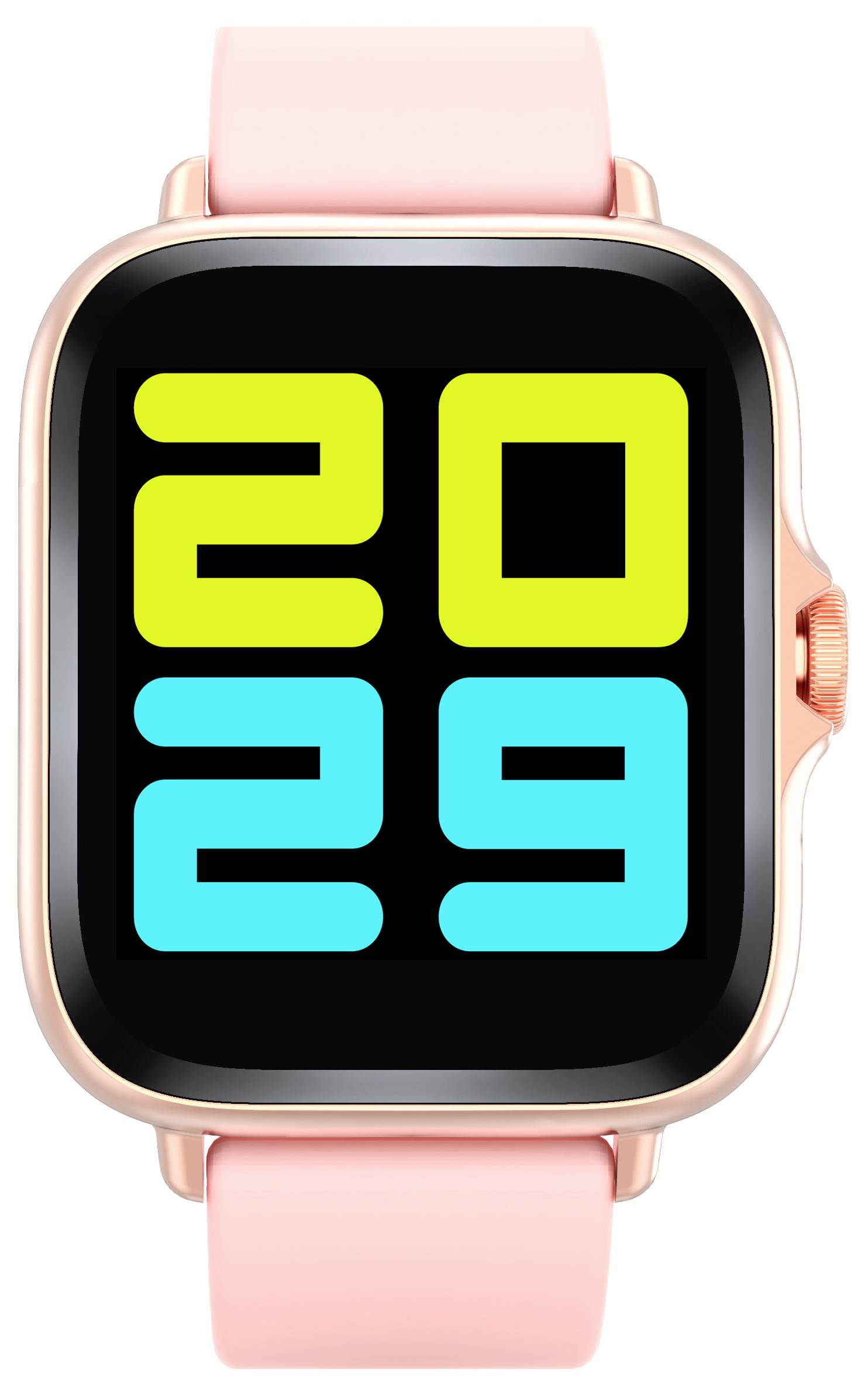 Een smartwatch met een roze band toont de getallen '2029' in vet gele en blauwe cijfers op het scherm.
