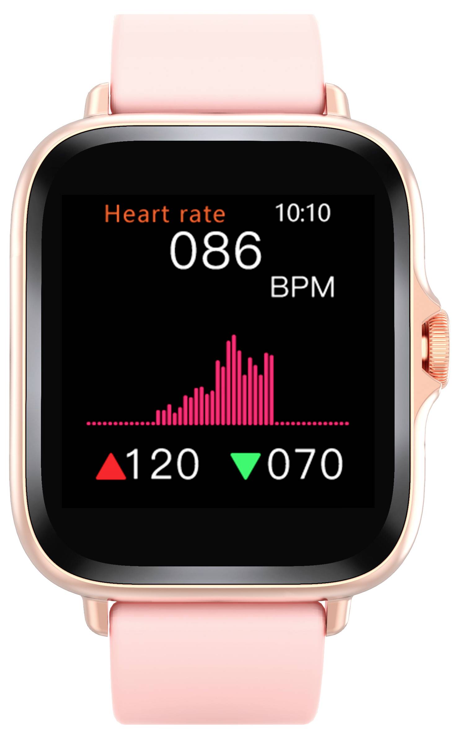 Smartwatch met hartslag weergave: 86 BPM om 10:10 uur met een grafiek. Maximum 120, minimum 70. Koperen kast met roze band.
