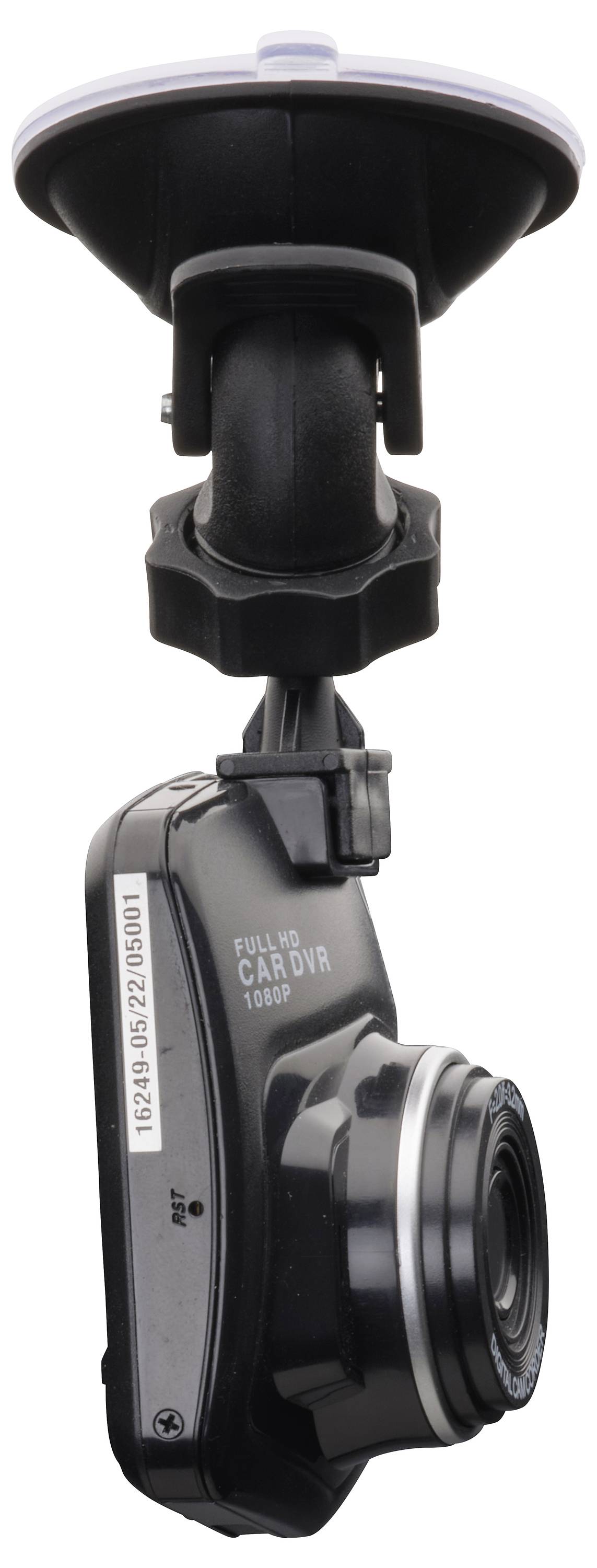 Een zwarte dashboardcamera met een zuignap-bevestiging, voorzien van de tekst 'FULL HD CAR DVR 1080P', ontworpen voor gebruik in voertuigen.