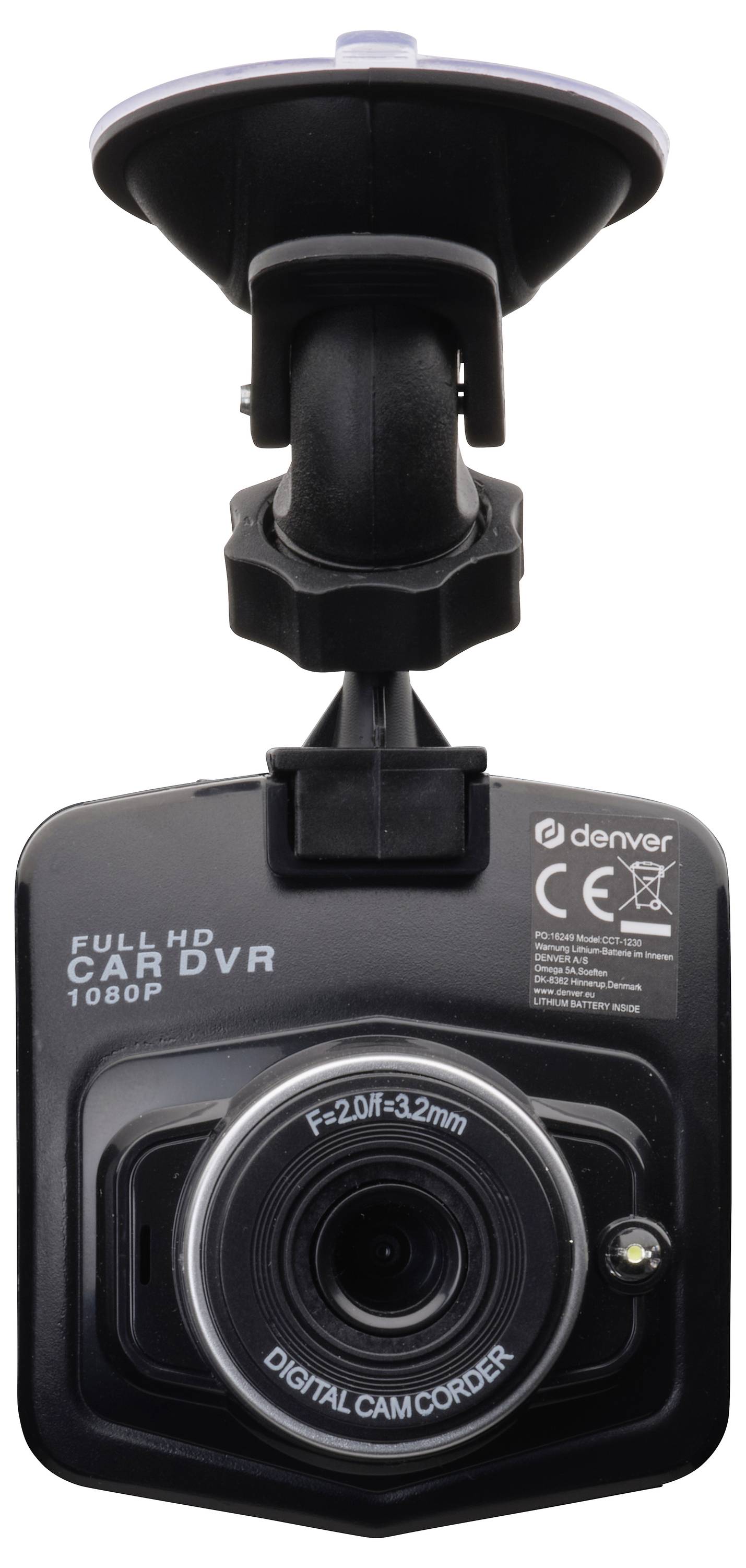'Een zwarte full HD autoDVR-camera met zuignapbevestiging, voorzien van een 1080p-lens en digitale camcorderlabel, ontworpen voor voertuigopnames.'