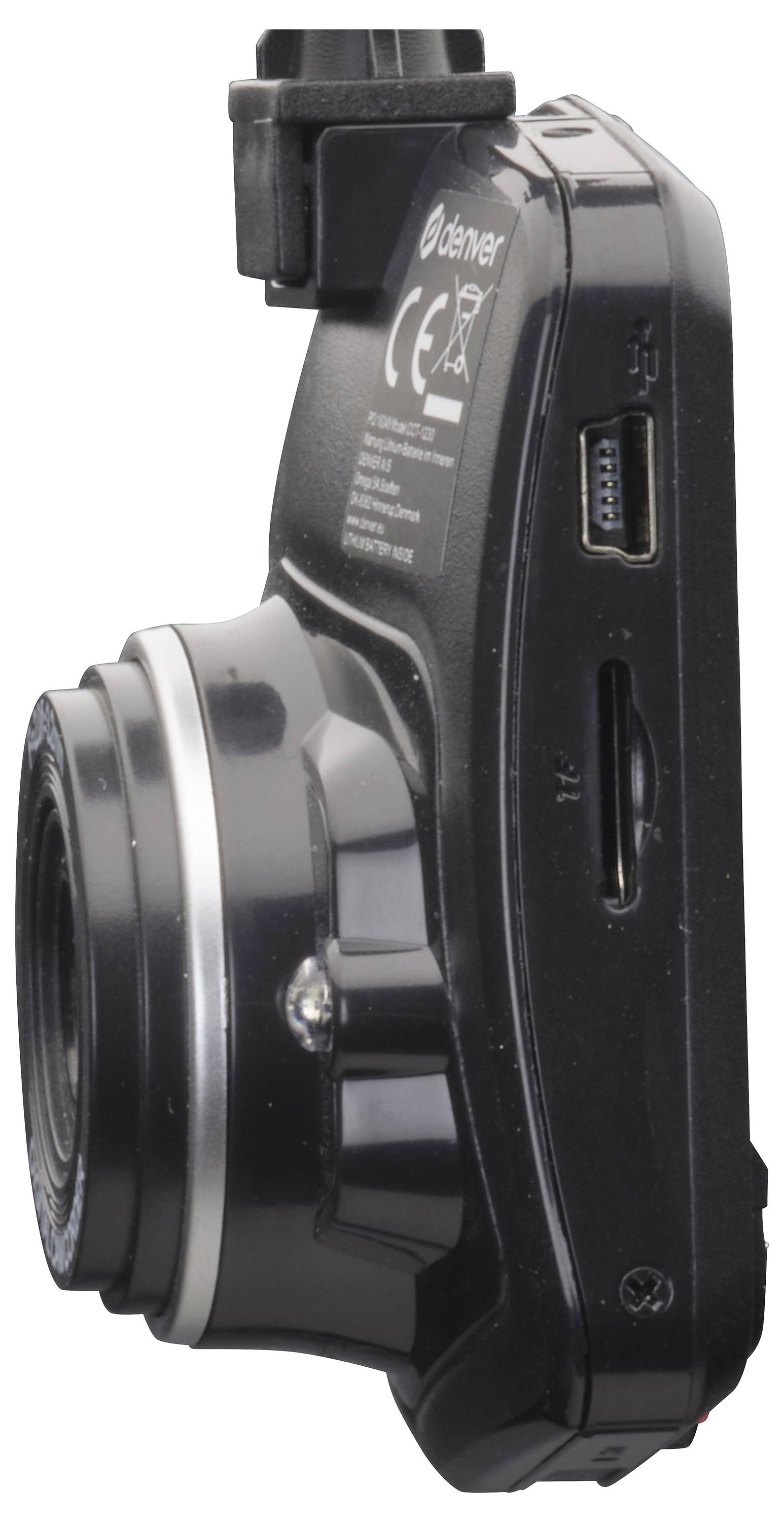 Een zwarte compacte digitale camera met zijkant weergegeven met USB- en SD-kaartpoorten, lens en merklogo op het bovenste achterdeel.