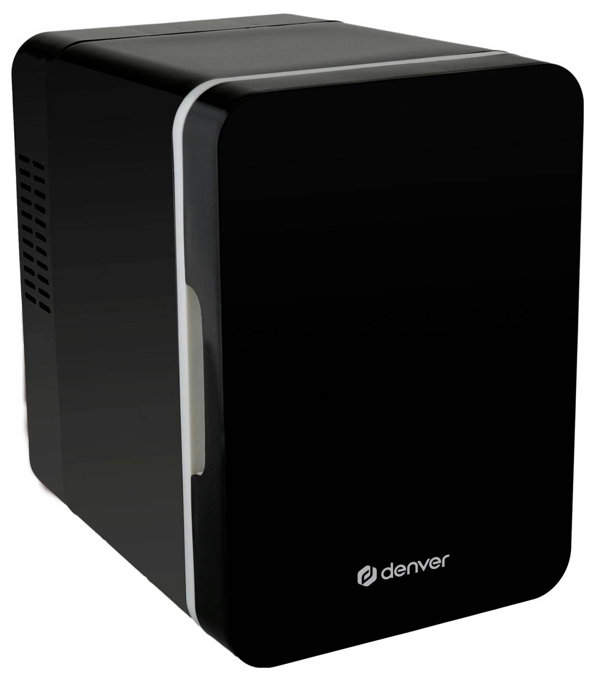 Een kleine, zwarte mini-koelkast met een glanzend frontpaneel en een wit 'denver'-logo onderaan. Deze heeft een verticale handgreep aan de linkerkant.