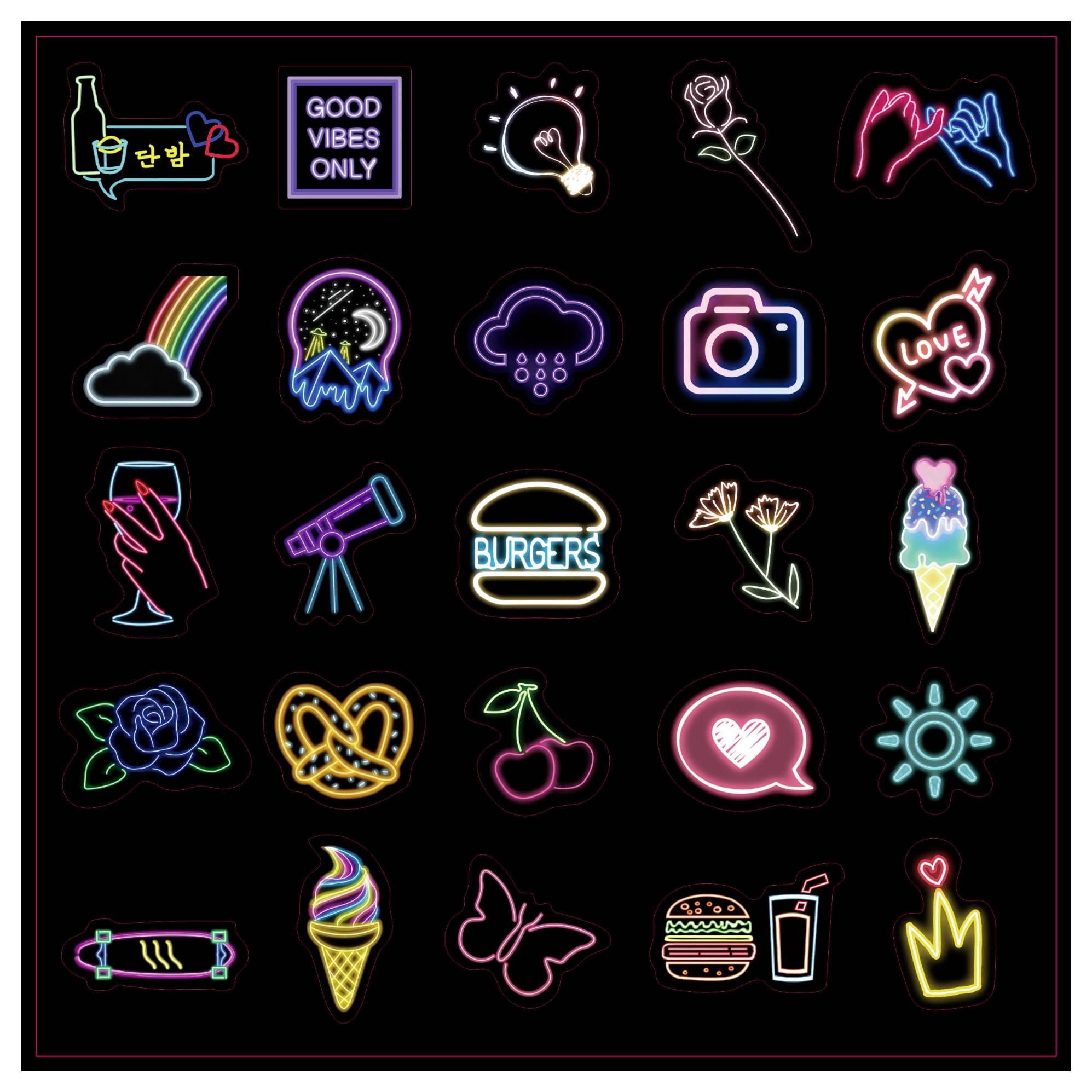Een raster van neon-stijl iconen op een zwarte achtergrond. Iconen omvatten een camera, burger, pretzel, ijs, gloeilamp, roos en hartensymbolen.