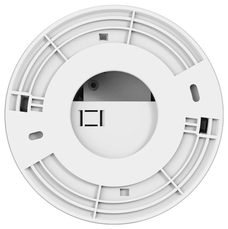 Een witte, ronde rookmelder met een centraal rond gat en ventilatieopeningen rond de omtrek, ontworpen voor montage aan het plafond.