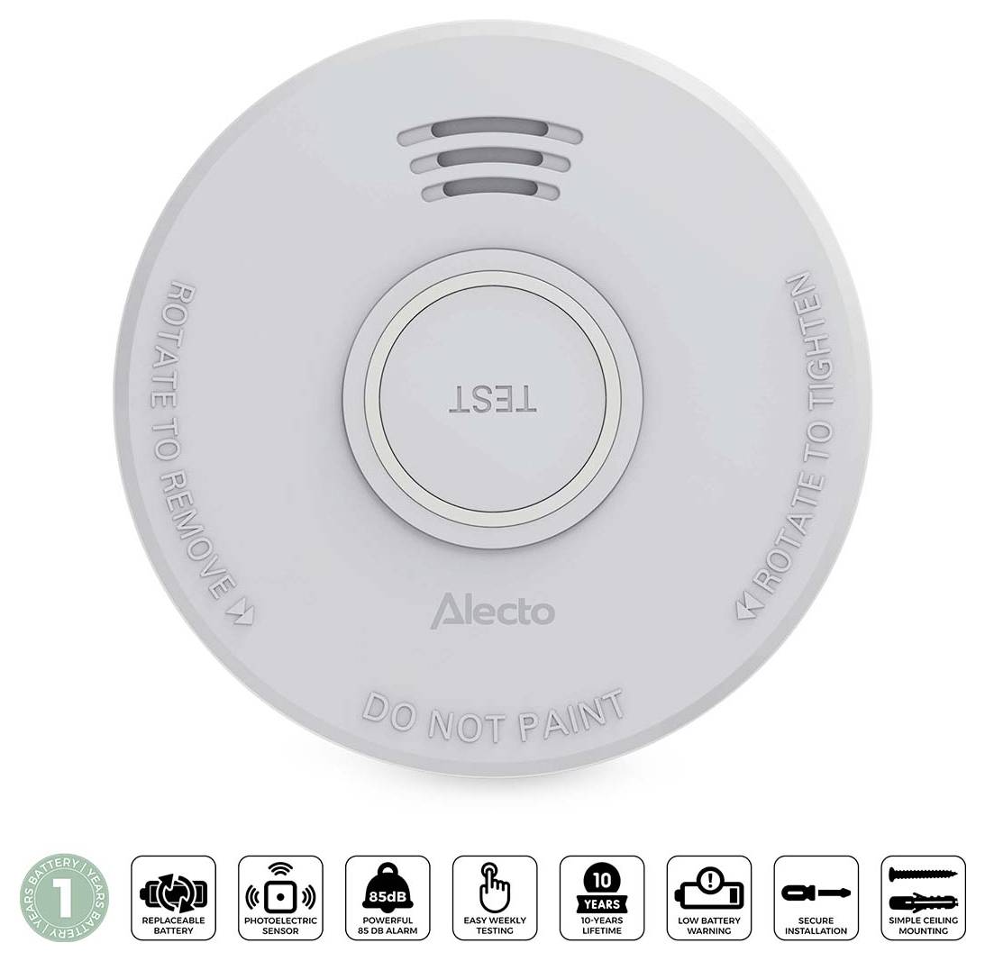'Alecto' rookmelder met 'Test' knop, voorzien van 85dB alarm, vervangbare batterij en 10 jaar levensduur. Waarschuwing 'Niet Verven'.