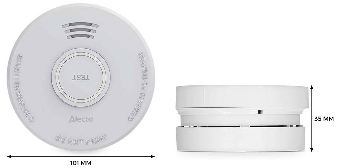 'Rookmelder, rond ontwerp met een centrale testknop. Afmetingen: 101 mm diameter, 35 mm hoogte. Bericht: Niet schilderen.'