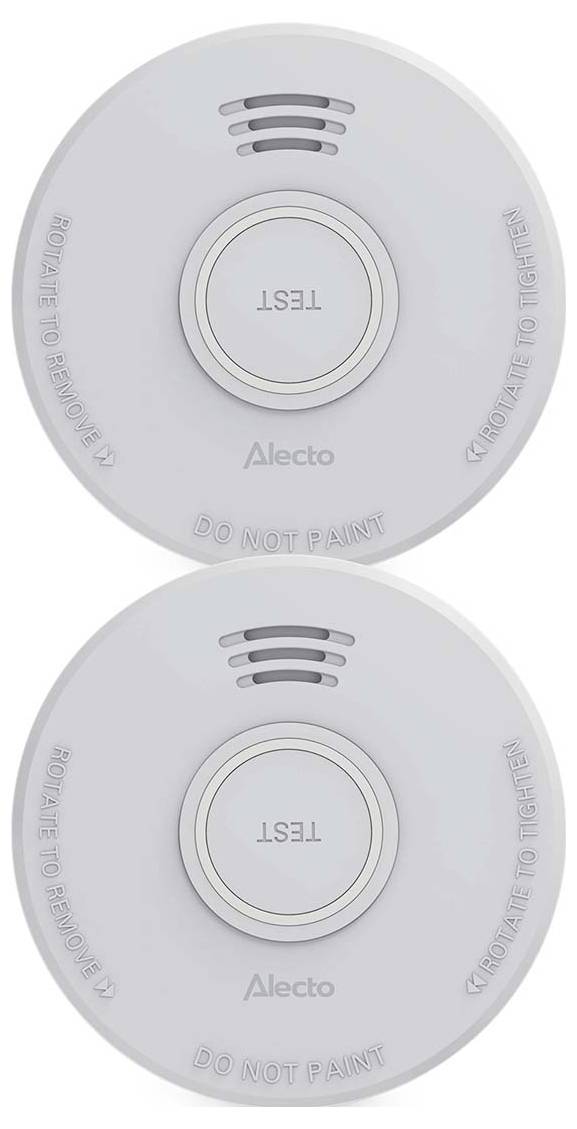 Twee witte rookmelders van het merk 'Alecto', elk met 'TEST' in het midden aangeduid. De tekst eromheen luidt 'NIET SCHILDEREN VERWIJDEREN OM TE VERVANGEN'.