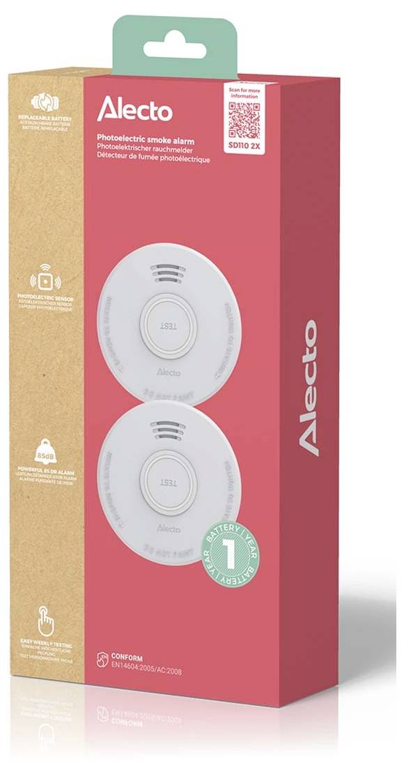 Doos verpakking voor een 'fotoelektrische rookmelder' met twee circulaire apparaten zichtbaar, gelabeld 'Alecto', en nalevingsinformatie.