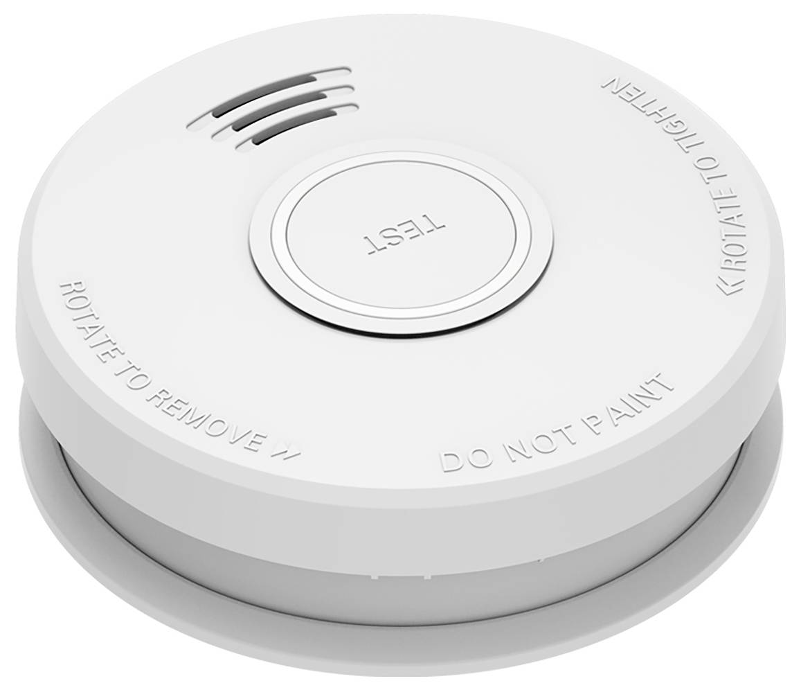 Ronde rookmelder met een 'TEST'-knop, ventilatiesleuven en de waarschuwingsteksten 'DRAAIEN OM TE VERWIJDEREN' en 'NIET VERVEN'.