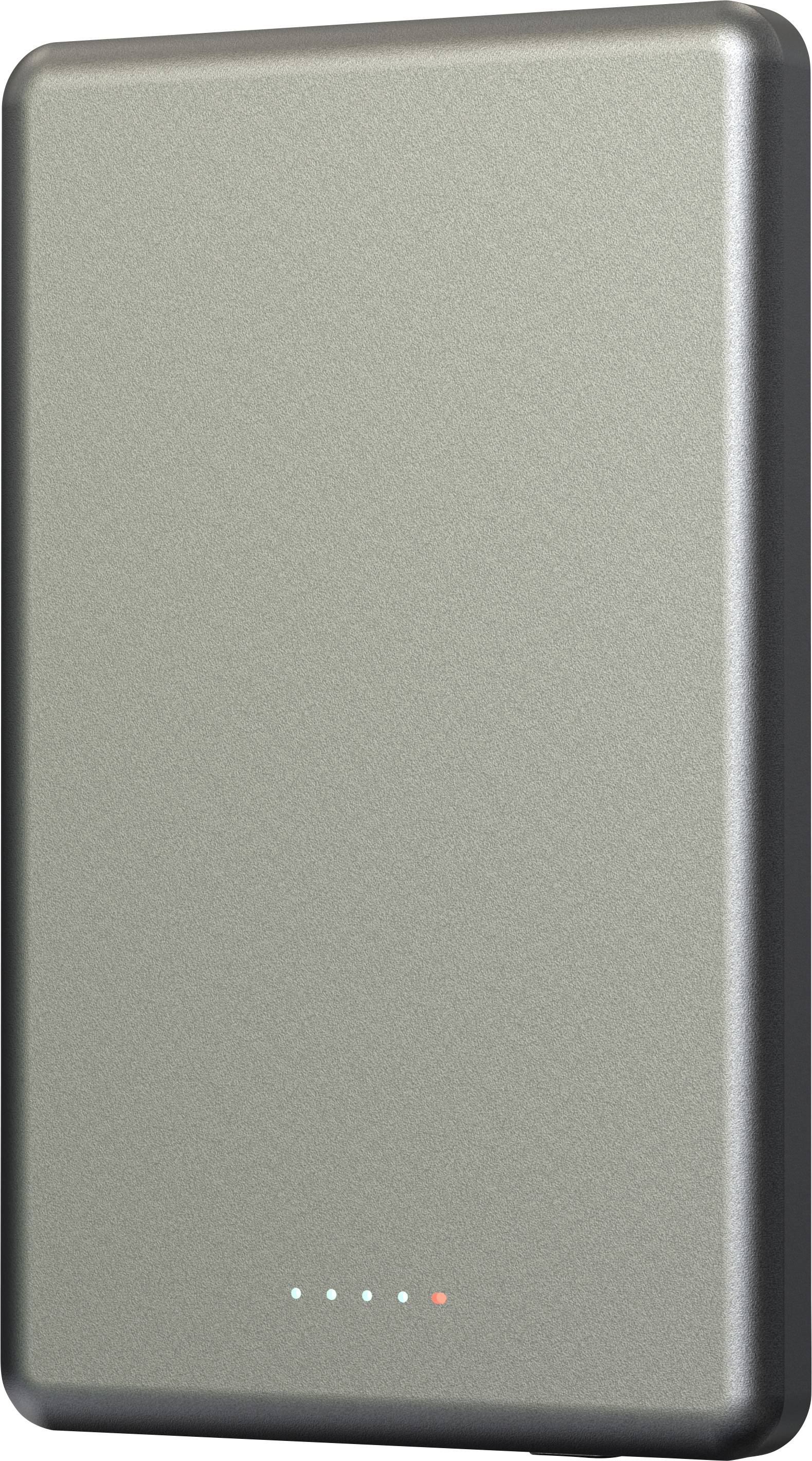 Een zilveren draagbare powerbank met een minimalistische vormgeving met vijf kleine indicatorlampjes aan de onderkant.