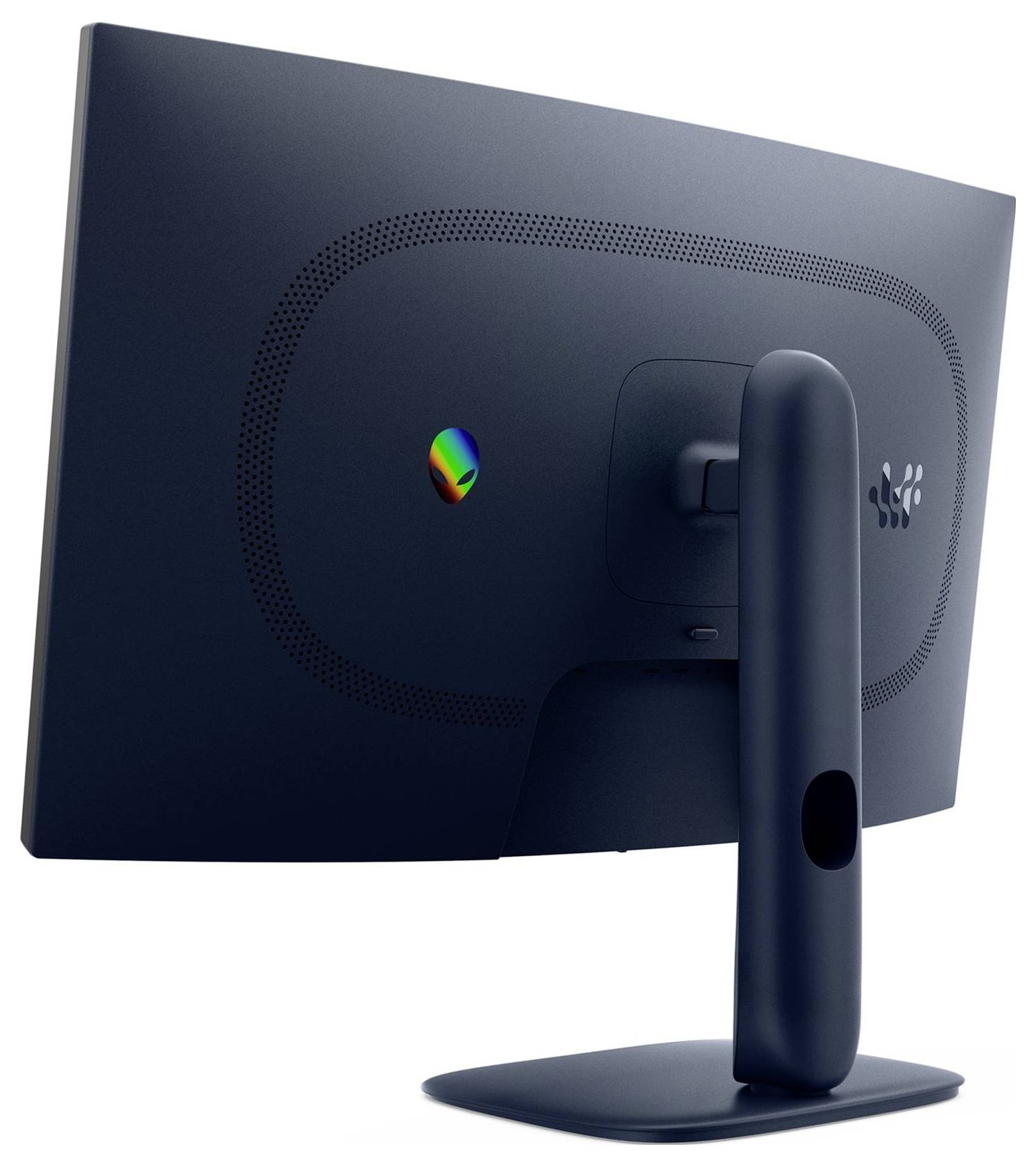 De afbeelding toont een achteraanzicht van een slanke, moderne computermonitor met standaard. De monitor is zwart met een logo dat lijkt op een blad.