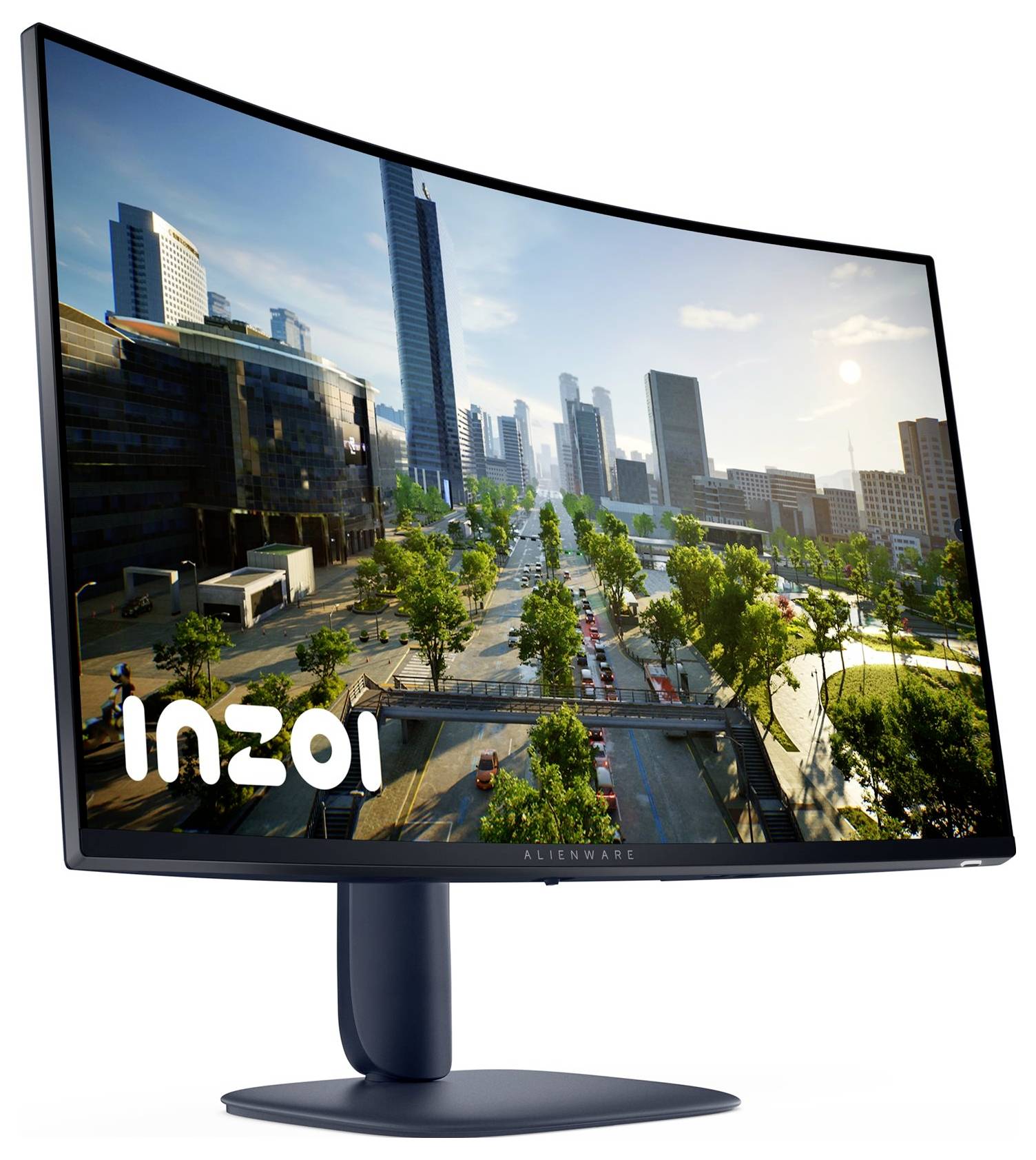 Gebogen monitor met een stadslandschap met hoge gebouwen, een met bomen omzoomde weg en een heldere hemel, wat een realistische en meeslepende kijkervaring bevordert.