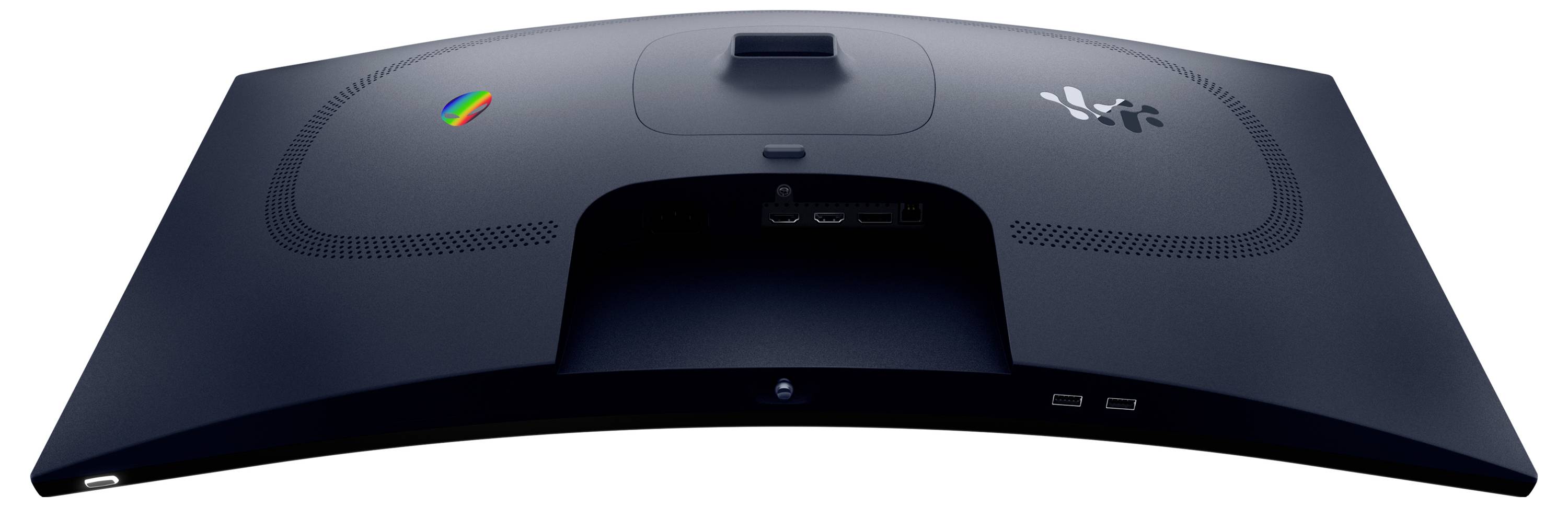 Zijaanzicht van een slanke zwarte computermonitor op een standaard, waarin het slanke ontwerp en het dunne profiel zichtbaar zijn.