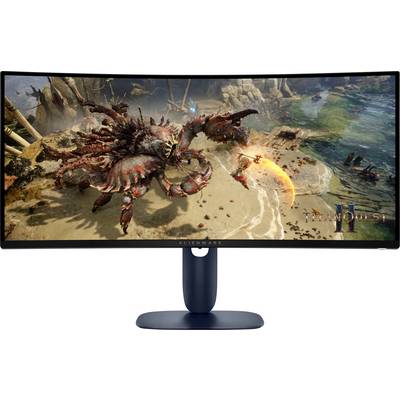 'Alienware-monitor met 'Warhammer 40.000: Space Marine II'-spel met een gedetailleerde gevechtsscène met grote wezens op een strand.'