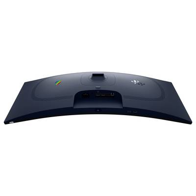 Een gebogen blauwe computermonitor van achteren bekeken, met een veelkleurig logo en verschillende poorten voor connectiviteit.