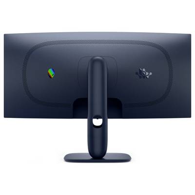 Achterkant van een modern breedbeeldcomputerscherm met een gebogen ontwerp en een enkele standaard, waarop het logo van het merk en de ventilatie zichtbaar zijn.