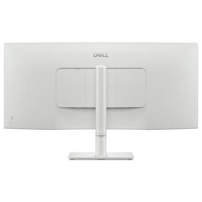 Een witte Dell-monitor van achteren bekeken, met een centraal statief en minimalistisch design.