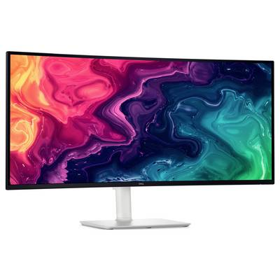 Een brede monitor toont een levendige abstracte kleurwerveling met onder andere rood, paars, blauw en groen, wat een levendig en kleurrijk ontwerp vertegenwoordigt.